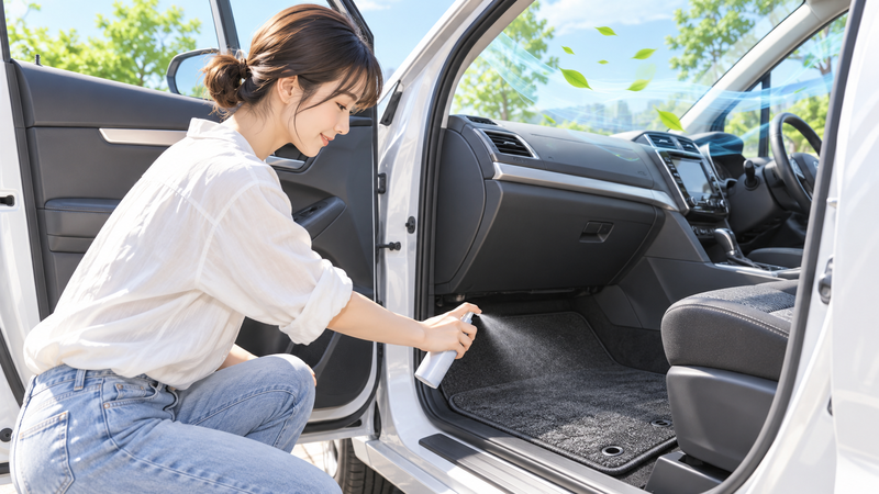 駐車中の車でドアを開けて換気しながらフロアマットに芳香スプレーを吹きかける女性