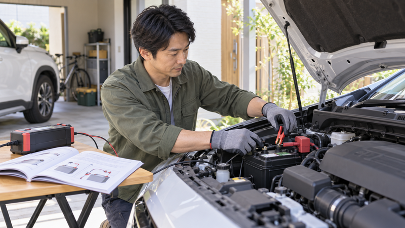 自宅でバッテリー充電器を車のバッテリーへ接続して充電する男性