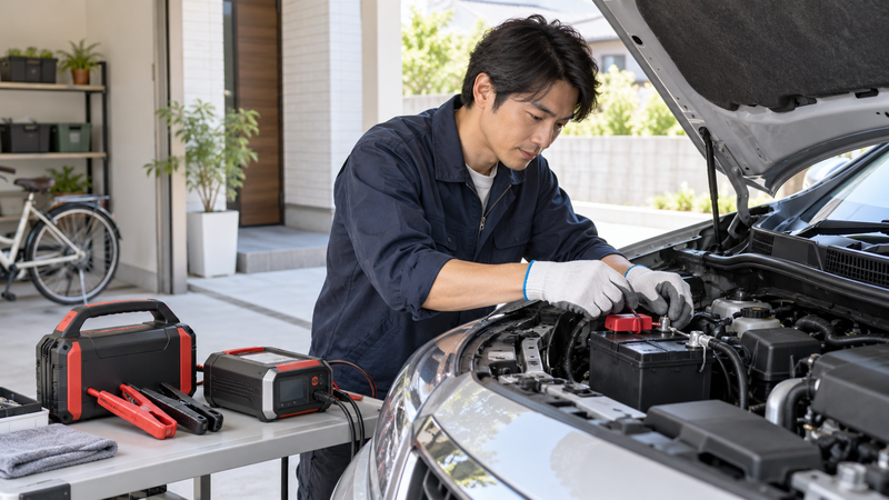 バッテリー端子を点検し充電器やジャンプスターターを準備してメンテナンスする男性