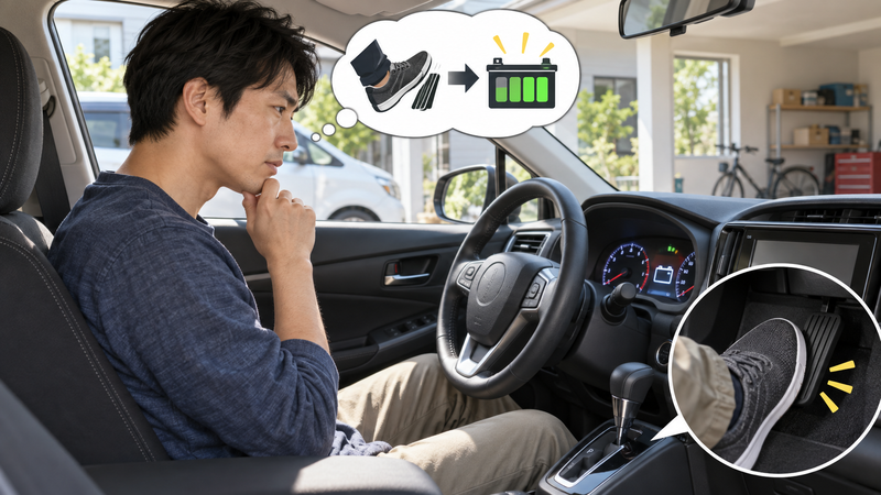 車のバッテリーを充電するために空ぶかしをするべきか考える男性ドライバー