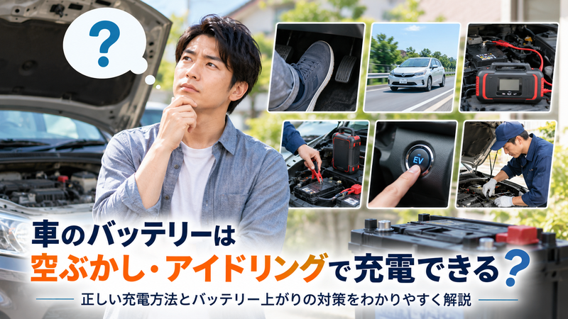 空ぶかしやアイドリングで車のバッテリーを充電できるか考える男性と充電方法のイメージ