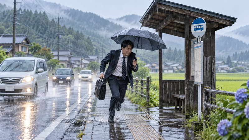 雨の朝に地方のバス停へ急ぐ通勤中の男性