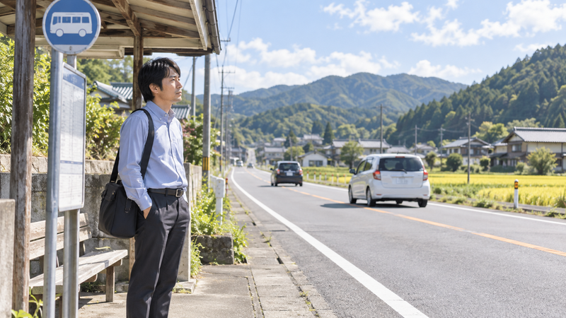 地方のバス停で車が行き交う道路を眺めながらバスを待つ男性