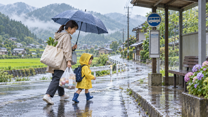 雨の日に買い物袋を持ち子どもと一緒に地方のバス停へ向かう母親