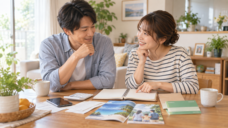 車を手放して浮いたお金の使い道を旅行や貯蓄を見ながら相談する夫婦
