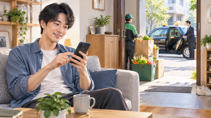 スマホでタクシーを手配し宅配サービスも活用する車なし生活の男性