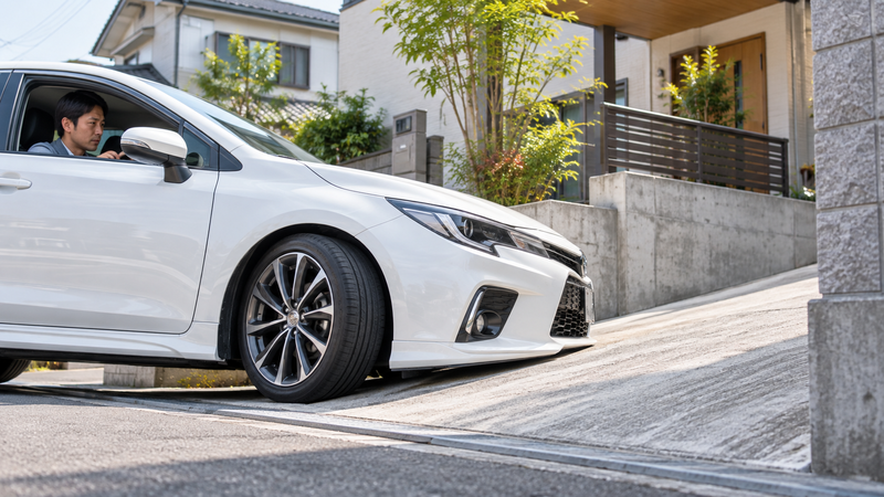 急な駐車場の勾配に進入しフロント下部と路面が近づいている白い車