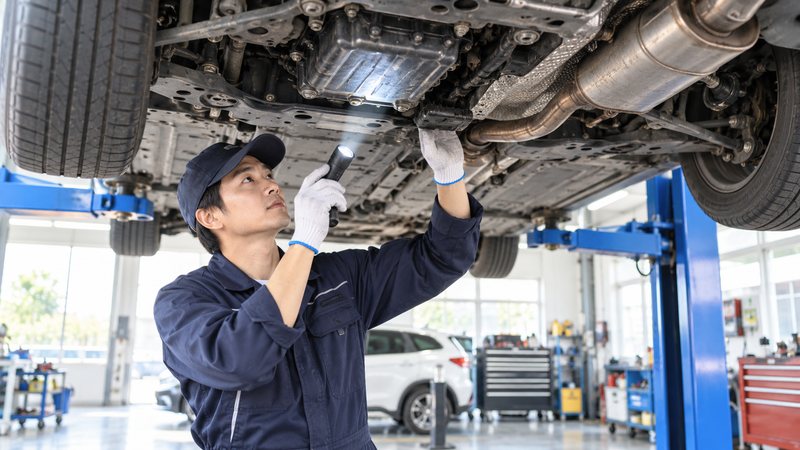 リフトアップした車のオイルパンやマフラー周辺をライトで点検する整備士