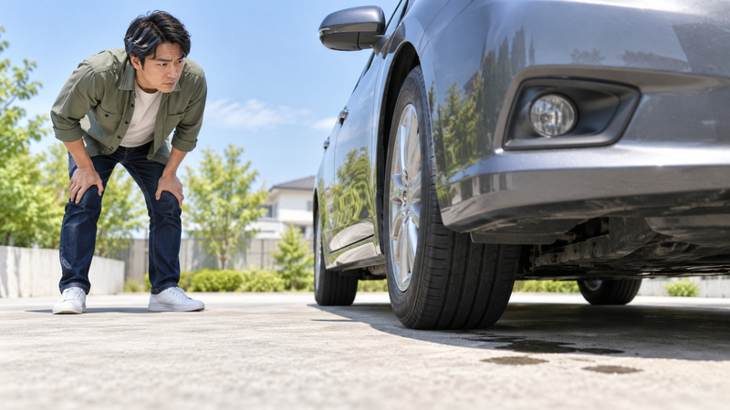 車の底を擦った後に地面へ液体が漏れていないか確認する男性