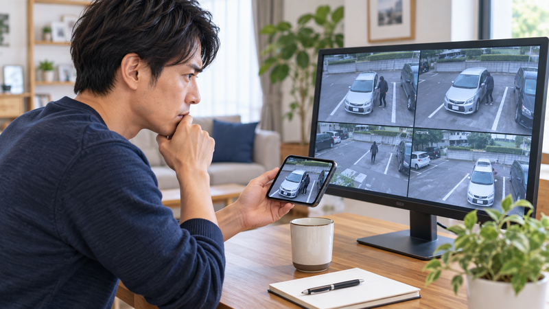 自宅で駐車場の防犯カメラ映像をモニターとスマートフォンで確認する男性