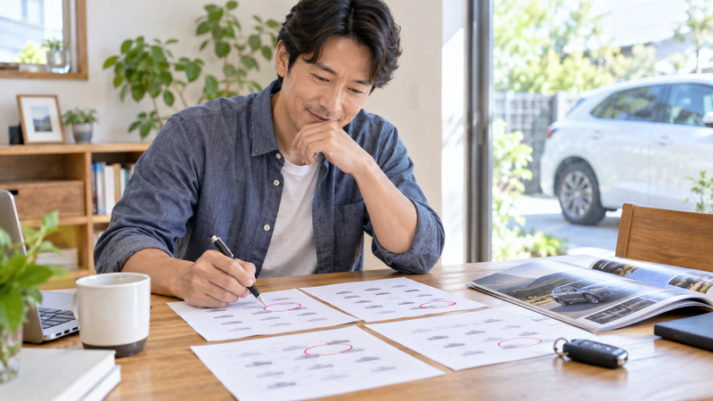 自宅で複数の3桁ナンバー候補を見ながら希望番号を選ぶ男性