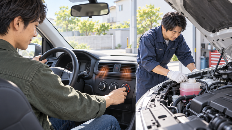 車内の暖房を作動させながらエンジンルームの冷却水を確認する様子