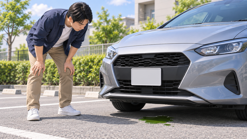 駐車した車の下に漏れた緑色の冷却水を離れた場所から確認する男性