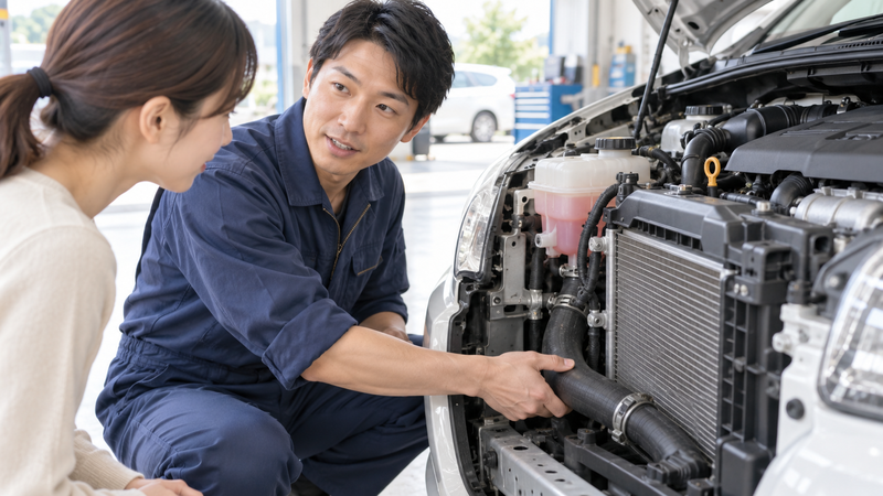 ラジエーター下部のロアホースを手で確認しながら説明する整備士