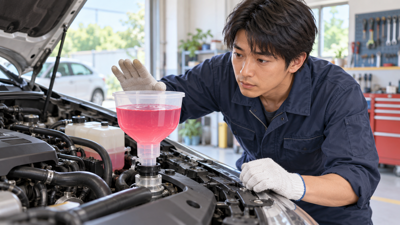 エア抜き中にファンネル内のクーラント液面を慎重に確認する整備士