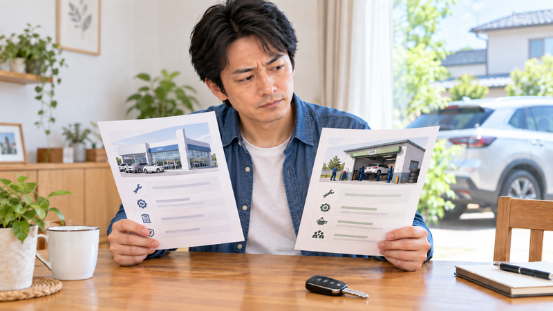ディーラー車検と民間整備工場の車検見積もりを比較する男性
