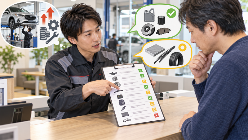 ディーラーで車検見積もりの作業内容と費用について説明を受ける男性