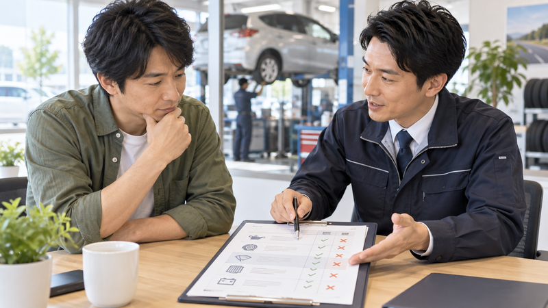車検見積もりの整備項目を担当者と確認して必要な作業を選ぶ男性