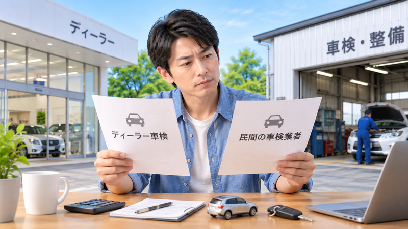 ディーラー車検と民間の車検業者を比較して依頼先を検討する男性