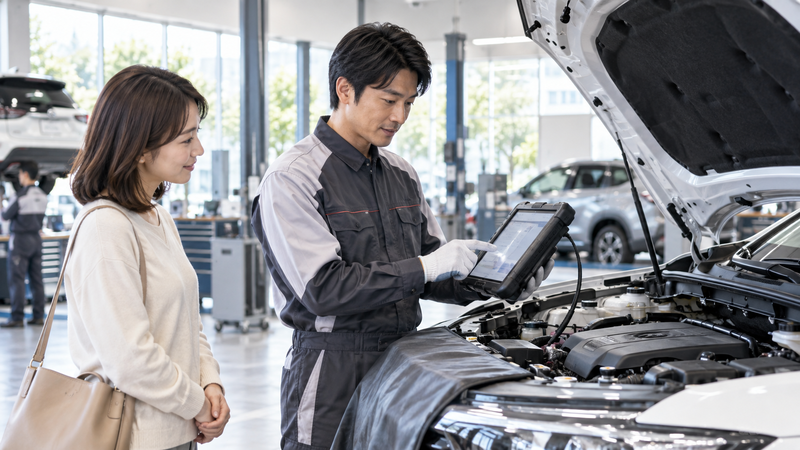 ディーラーで専用診断機器を使って車を点検しオーナーへ説明する整備士