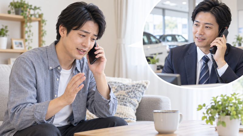 ディーラー車検を断るため自宅から担当者へ電話する男性