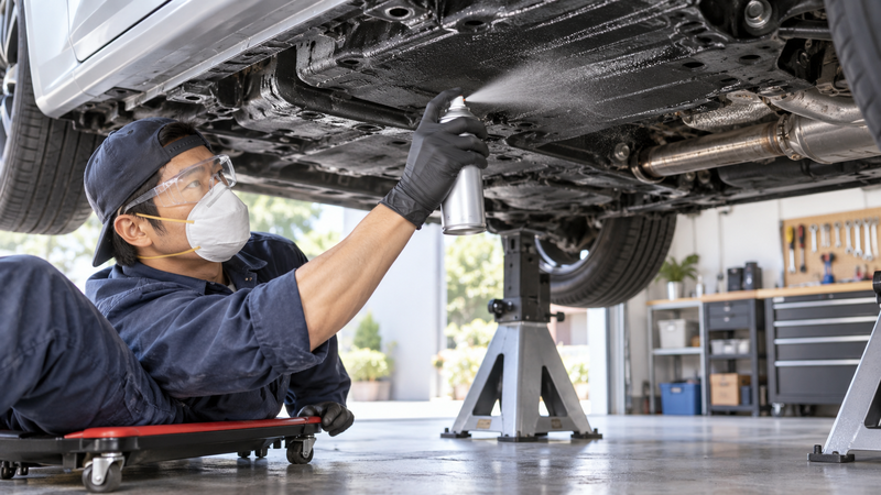 保護具を着けた男性が車の下回りにスプレーで防錆剤を吹き付けている様子