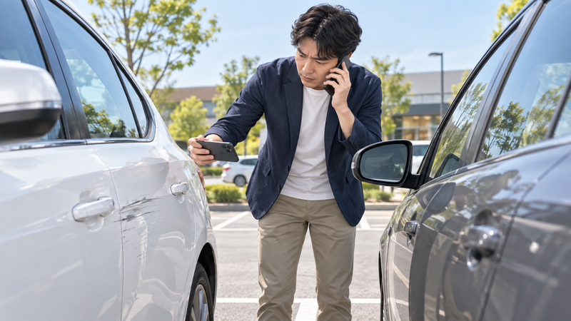 駐車場で接触事故の傷をスマホで撮影しながら電話する男性