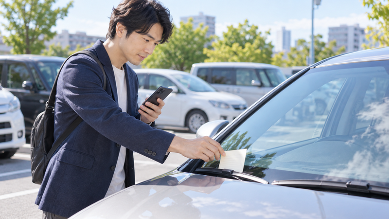 相手が不在の駐車場で車のワイパーにお詫びのメモを残す男性