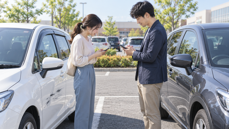 駐車場でドアパンチ後に落ち着いて連絡先を交換する男女