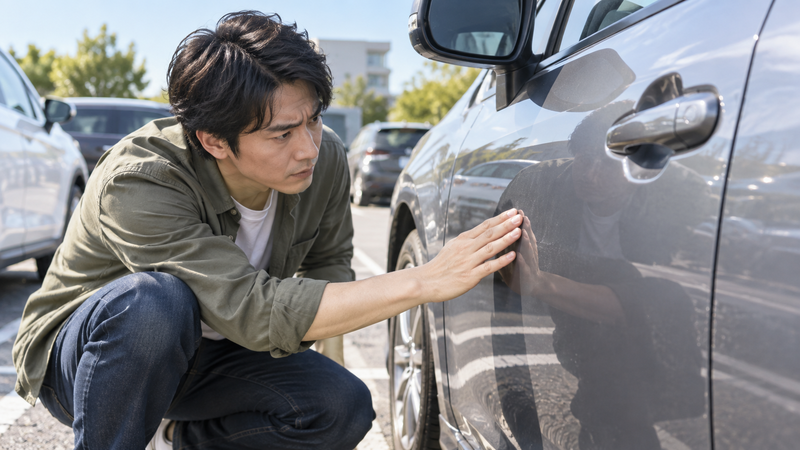 車のドア表面を手でなぞりながら小さな傷や凹みを確認する男性
