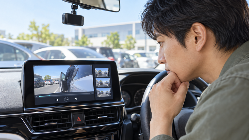 車内でドライブレコーダーの駐車場映像を確認する男性
