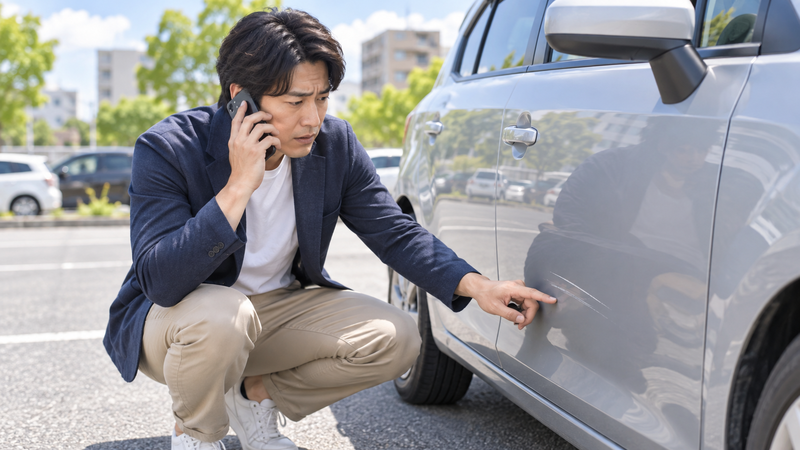 後から見つけた車の傷を確認しながら電話で対応する男性