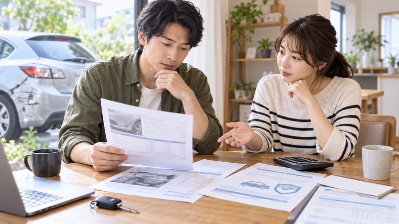 自宅でドアパンチの修理見積もりと保険資料を見比べる夫婦