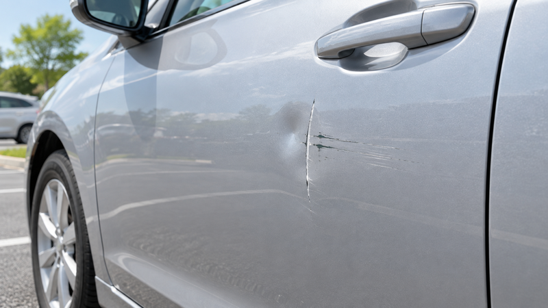 車のドアに残った縦の擦り傷と小さな凹みの例