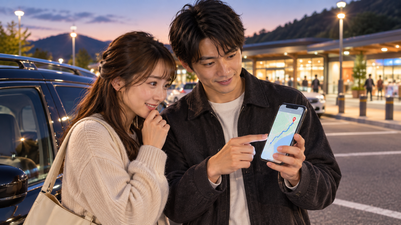 ドライブデートの出発前にスマホの地図を見ながら目的地までの距離を相談する男女