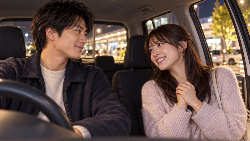 ドライブデートの帰り際に車内で感謝を伝えながら見つめ合う男女