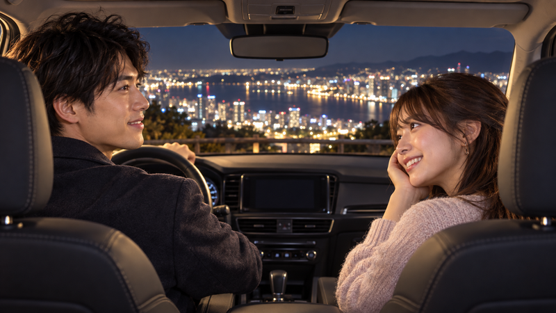 夜景を眺められる車内で横並びになり穏やかに会話する男女