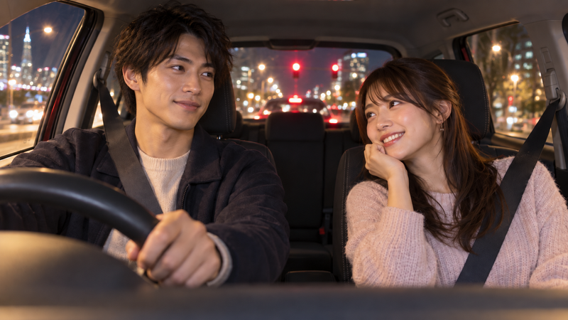 赤信号で停車中に運転席の男性へ体を向けて笑顔を見せる女性