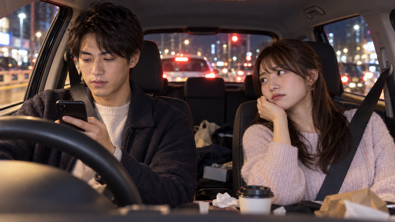 信号待ちでスマホばかり見る男性と助手席で寂しそうにする女性