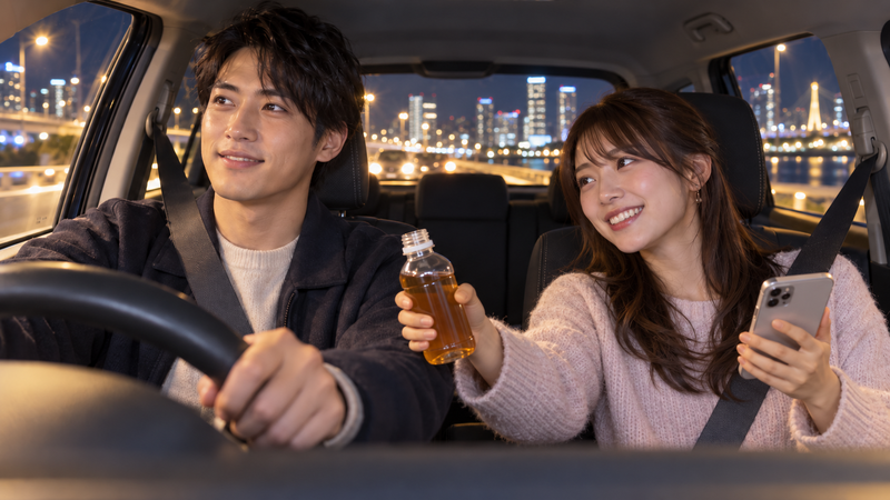 夜のドライブ中に飲み物やスマホを使って運転手をサポートする助手席の女性