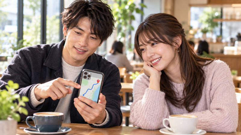 カフェでスマホの地図を見ながらドライブの目的地とルートを確認する男女