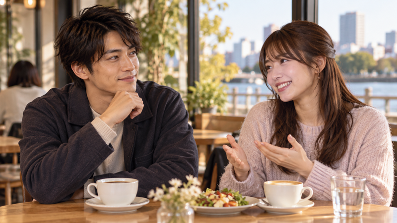 カフェで女性がドライブ以外のデートプランを穏やかに提案する様子