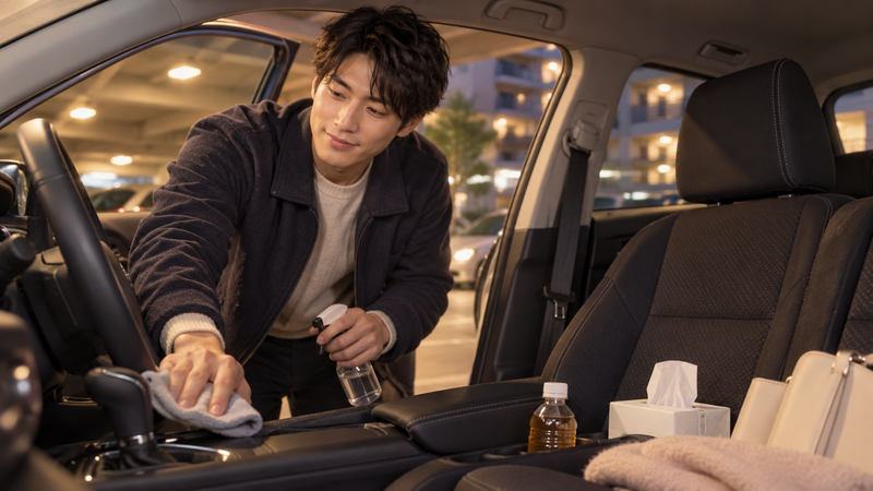 ドライブデート前に車内を掃除して飲み物やティッシュを準備する男性
