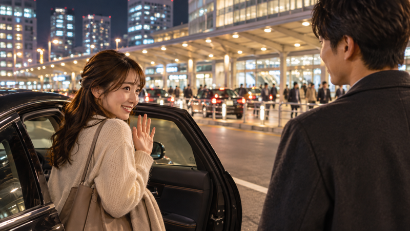夜の駅前で車から降りて男性に手を振る付き合う前の女性