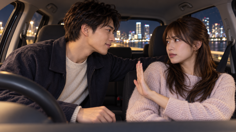 停車中の車内で距離を詰める男性に女性が手を出して意思表示する様子