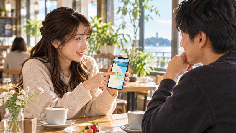 カフェでスマホの地図を見せながらドライブデートで行きたい場所を男性に伝える女性