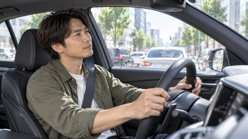 市街地を走行しながらパフォーマンスダンパーの違いを感じにくい様子の男性ドライバー