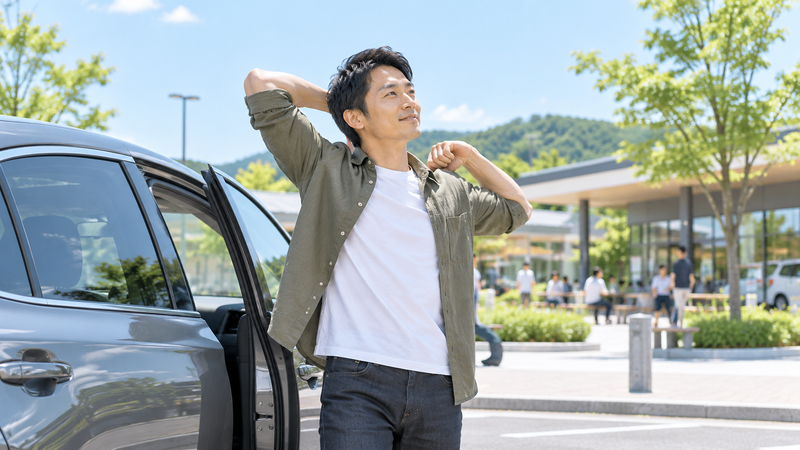長距離運転後にサービスエリアで車を降りて気持ちよく伸びをする男性