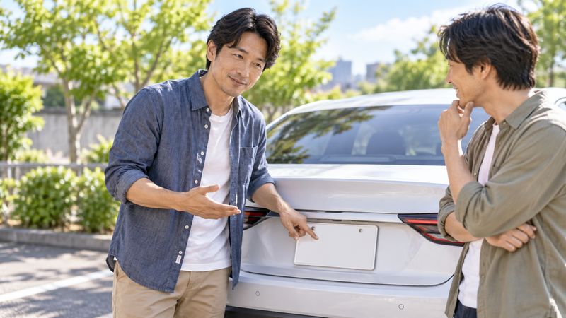 車のそばで希望ナンバーを選んだ理由について友人に説明する男性