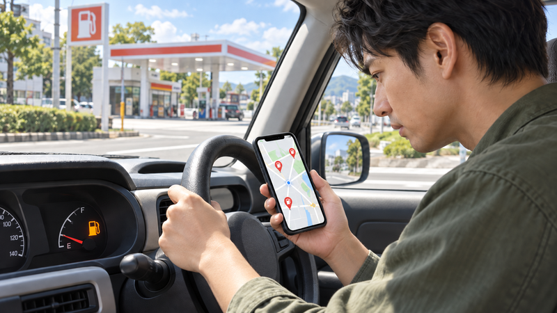 軽自動車の燃料残量が少ないためスマホの地図でガソリンスタンドを検索する男性